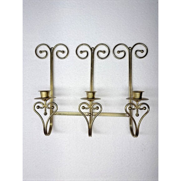Home Interiors & Gifts Other - Home Interiors Brass Tone Triple Wall Candle Sconce 3 Arm Scroll 14" Vintage
